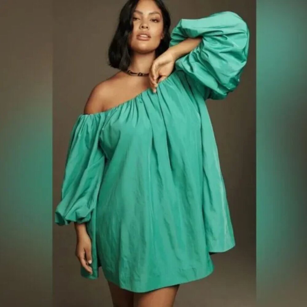 Mare Mare Anthropologie Green Off-Shoulder  Puff-Sleeve Dress | Size XS